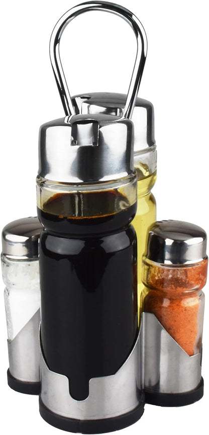 Salt and Pepper Shakers and Oil & Vinegar Dispenser Set with Stainless Steel Holder – Leak Proof Kitchen Condiment Set, Easy to Use Modern Glass Bottles for Cooking and Dining