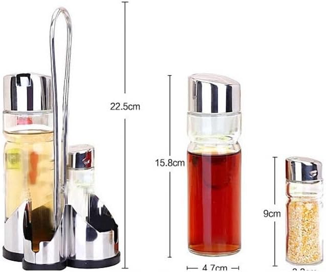 Salt and Pepper Shakers and Oil & Vinegar Dispenser Set with Stainless Steel Holder – Leak Proof Kitchen Condiment Set, Easy to Use Modern Glass Bottles for Cooking and Dining