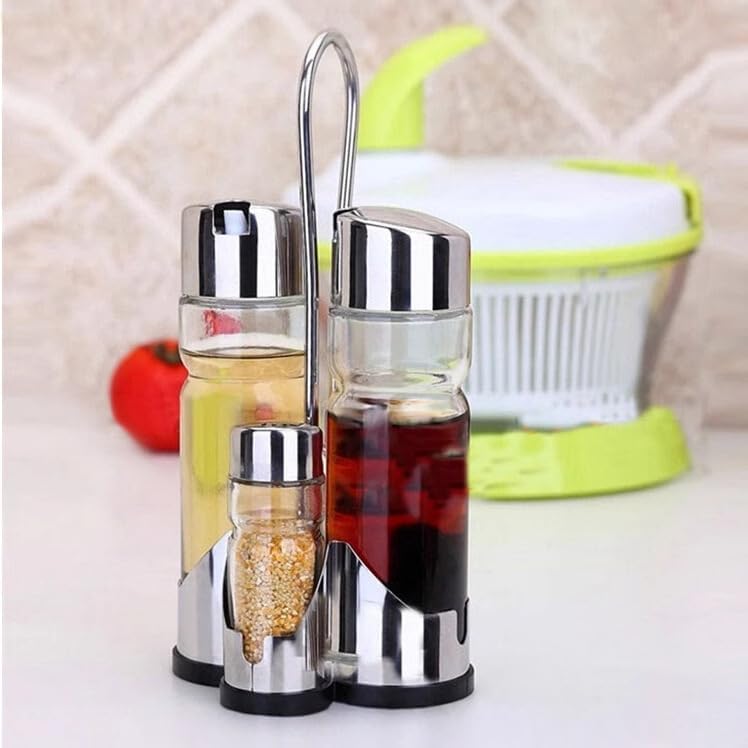 Salt and Pepper Shakers and Oil & Vinegar Dispenser Set with Stainless Steel Holder – Leak Proof Kitchen Condiment Set, Easy to Use Modern Glass Bottles for Cooking and Dining