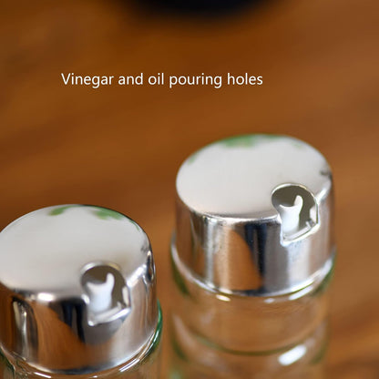 Salt and Pepper Shakers and Oil & Vinegar Dispenser Set with Stainless Steel Holder – Leak Proof Kitchen Condiment Set, Easy to Use Modern Glass Bottles for Cooking and Dining