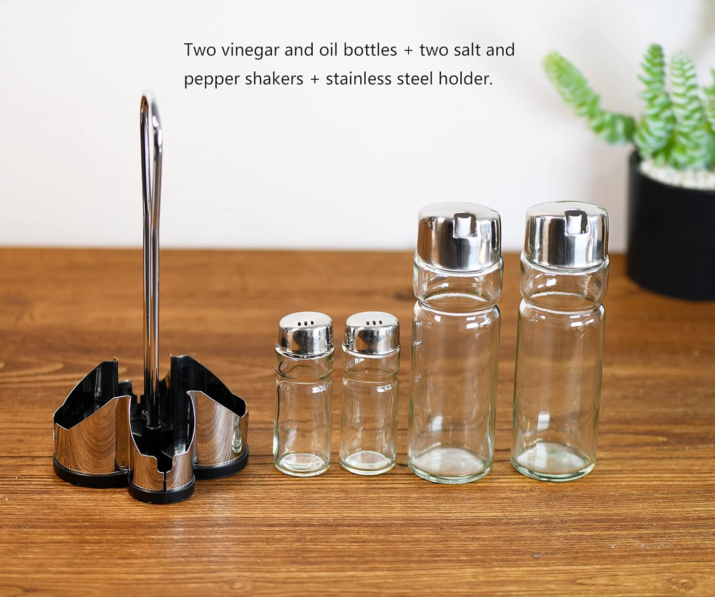 Salt and Pepper Shakers and Oil & Vinegar Dispenser Set with Stainless Steel Holder – Leak Proof Kitchen Condiment Set, Easy to Use Modern Glass Bottles for Cooking and Dining