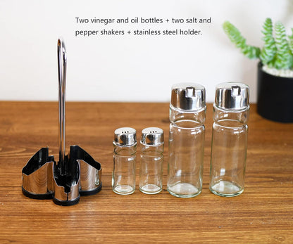 Salt and Pepper Shakers and Oil & Vinegar Dispenser Set with Stainless Steel Holder – Leak Proof Kitchen Condiment Set, Easy to Use Modern Glass Bottles for Cooking and Dining