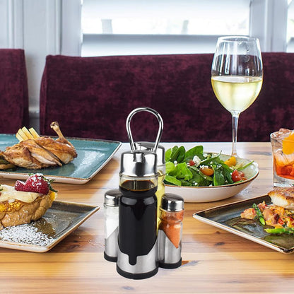 Salt and Pepper Shakers and Oil & Vinegar Dispenser Set with Stainless Steel Holder – Leak Proof Kitchen Condiment Set, Easy to Use Modern Glass Bottles for Cooking and Dining