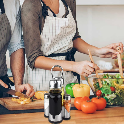 Salt and Pepper Shakers and Oil & Vinegar Dispenser Set with Stainless Steel Holder – Leak Proof Kitchen Condiment Set, Easy to Use Modern Glass Bottles for Cooking and Dining